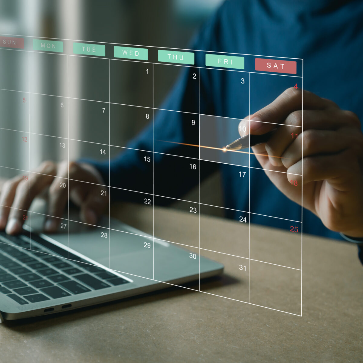 Person planning with digital calendar on laptop, enhancing productivity and work-life balance with Full Focus products.